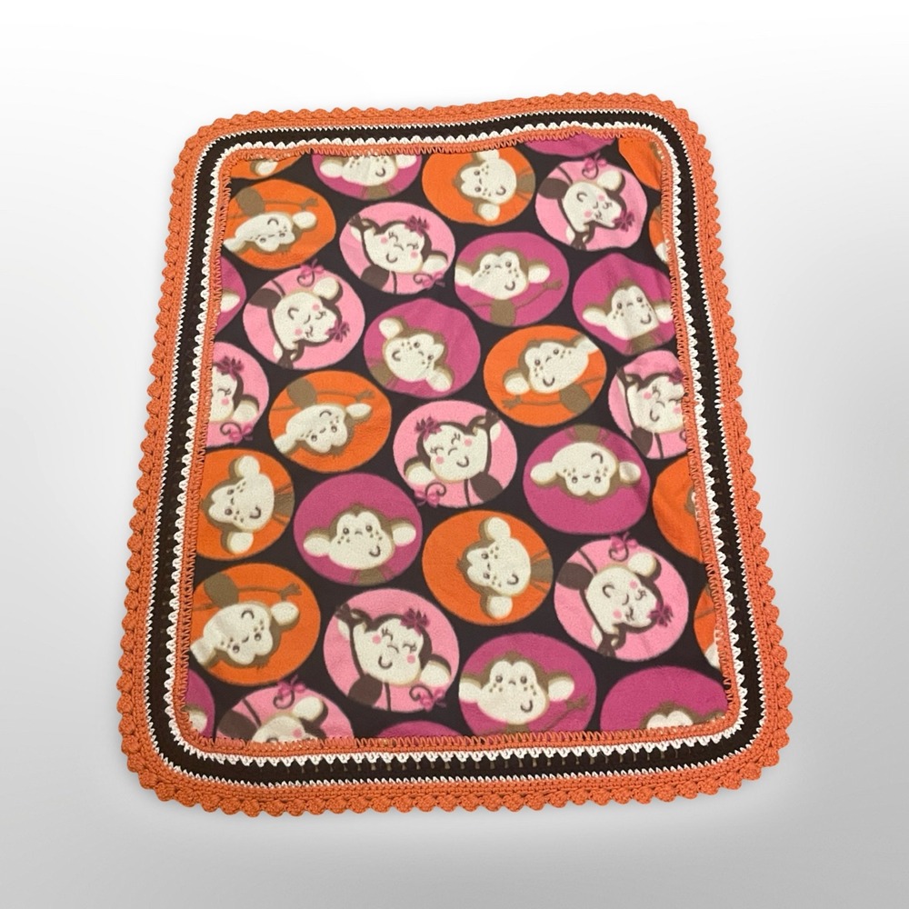 Baby Monkey Print Crochet Trim Blanket Soft Cuddle Throw Orange Pink. Pregnancy